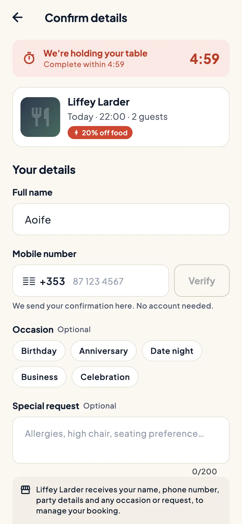 The Confirm details screen with the 5-minute hold, guest name and mobile number