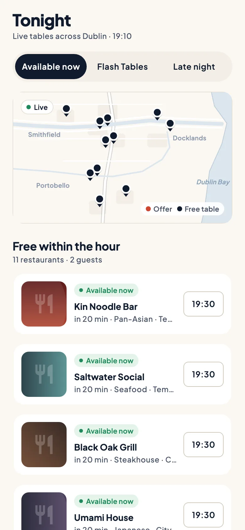 The Tonight screen: a live map of Dublin and a list of restaurants free within the hour with their next time