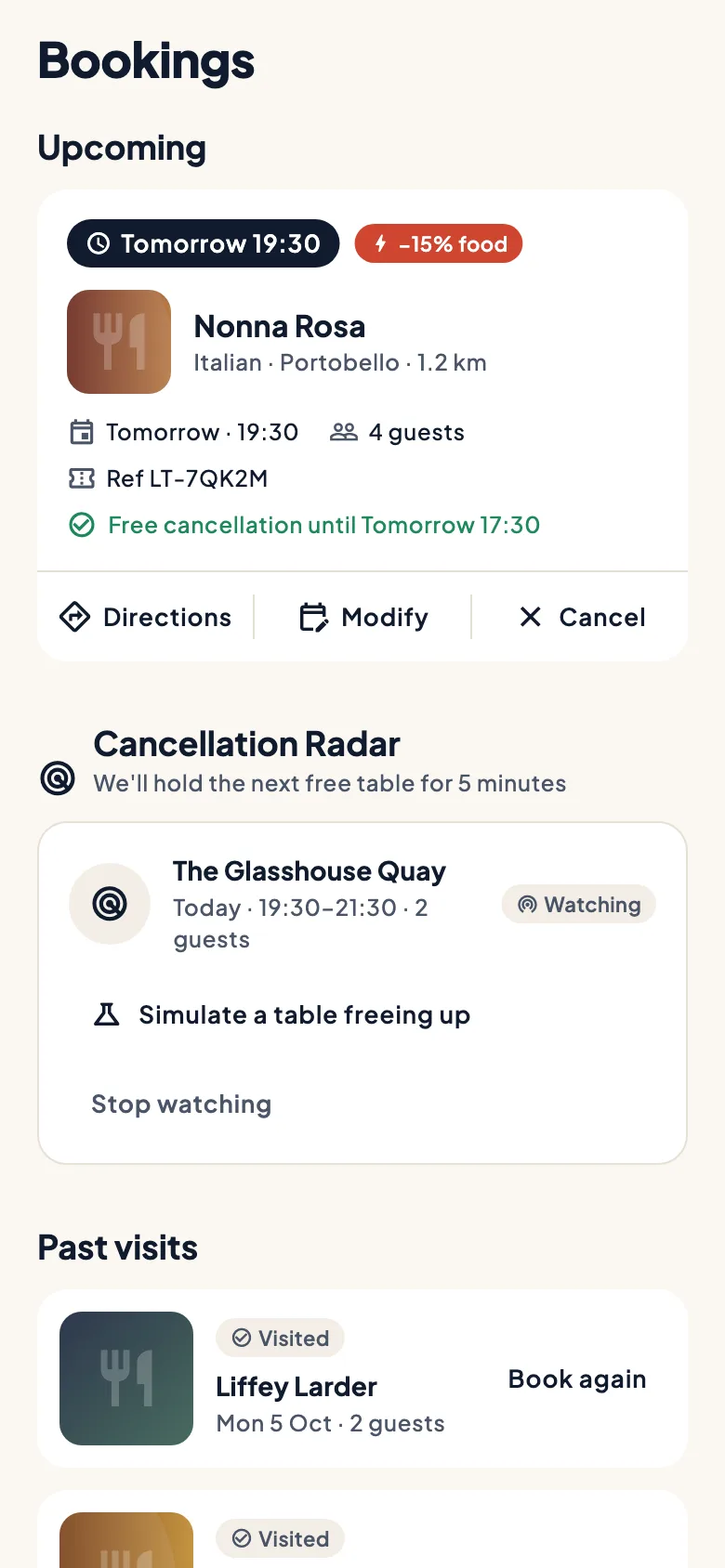The Bookings screen with an upcoming booking and a Cancellation Radar watch for a full restaurant