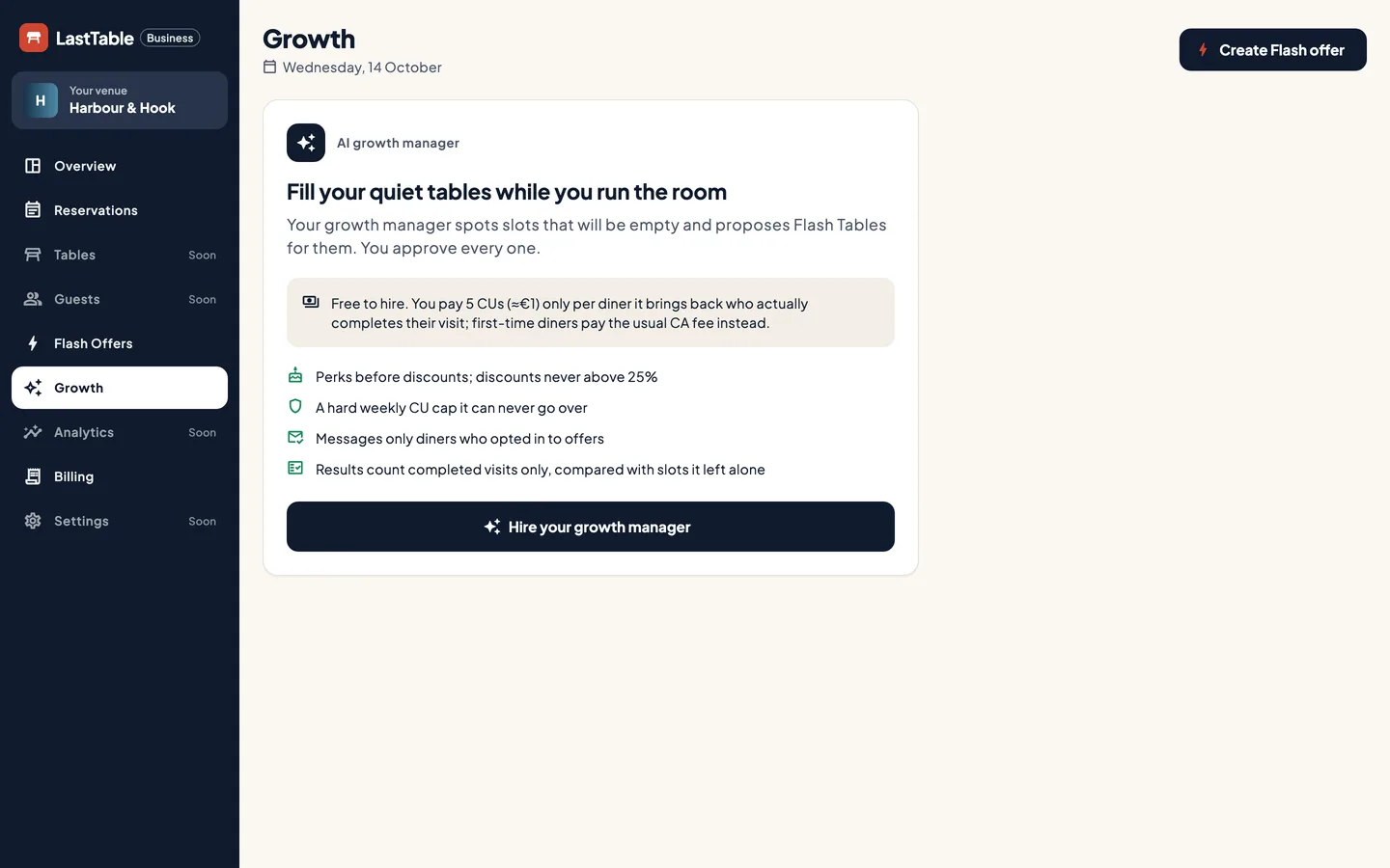 The Growth page in LastTable Business: hire your growth manager, with its price and guardrails