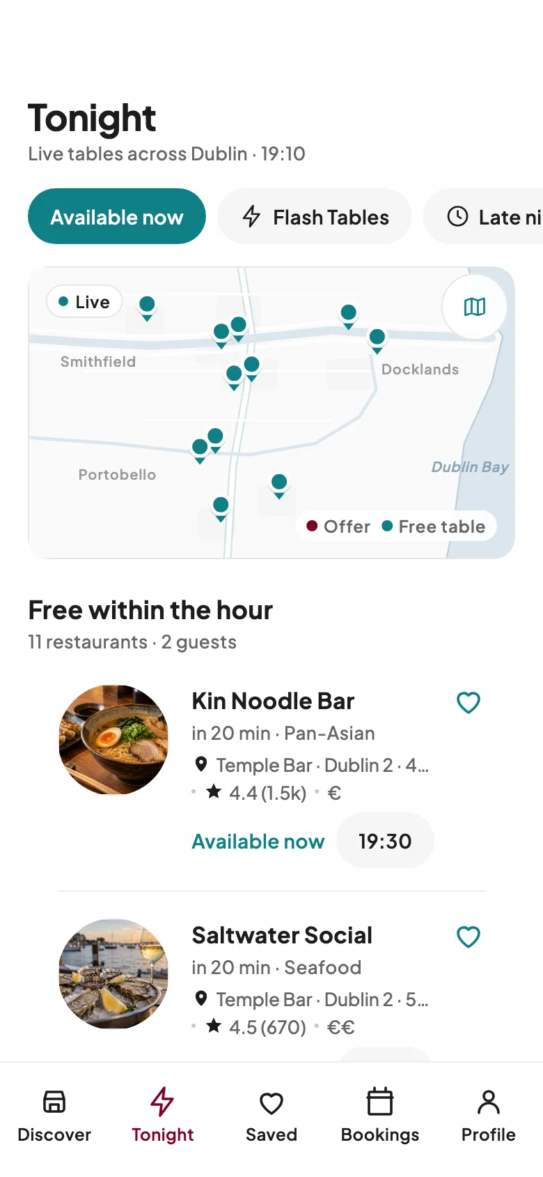 L’écran Ce soir : les restaurants avec une table libre dans l’heure, sur une carte en direct
