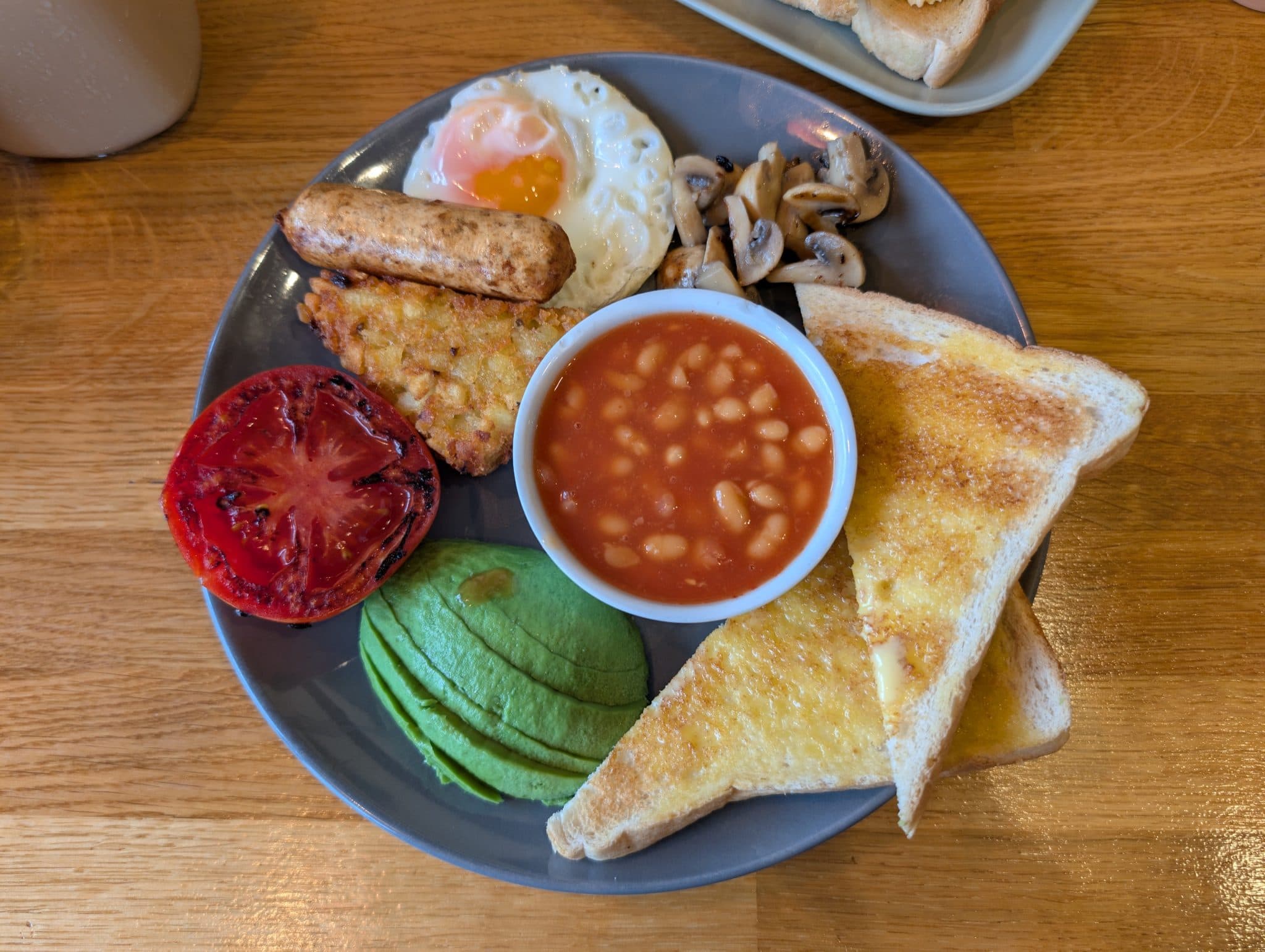 Breakfast plate with eggs, sausages, beans, avocado and toast